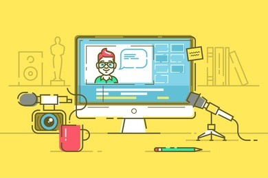 workplace of blogger or video editor with monitor and interface of application for video editing process. professional camera and microphone for recording. cool modern vector illustration. thin lines.