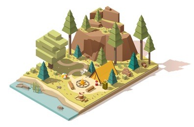 vector isometric low poly campsite in the wood