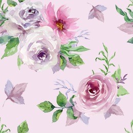 watercolor floral seamless pattern with roses on lilac background