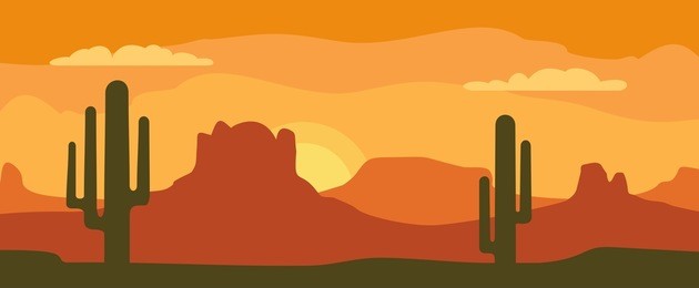 panorama mountains and sunset sky with clouds and cactus. vector flat color illustration. for horizontal banner