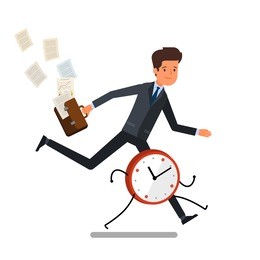 time management concept. businessman running away from watches. flat design, vector illustration.