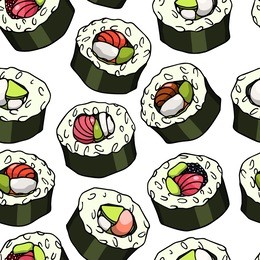 vector seamless pattern with hand drawn sushi. beautiful food design elements, perfect for any business related to the food industry.
