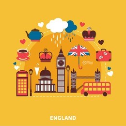 england landmarks design concept with traditional symbols of architecture and culture flat vector illustration