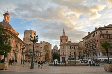 square of saint mary's (plaza de la virgen) in the light of the sunset ,beautiful tourists attraction in valencia, spain