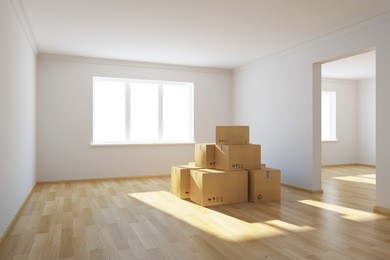 moving boxes at a new home, 3d rendering