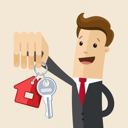 businessman hold a key of house or apartment. vector, illustration, flat