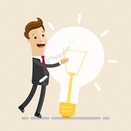 businessman hugs a big lightbulb. big good idea. concept of business success.  vector, illustration, flat