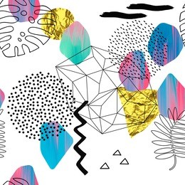 abstract painting seamless pattern with ink element in memphis style. hand drawn paint brushes background with tropical leaves.