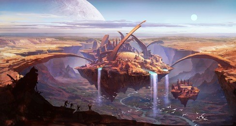 digital illustration of fantasy futuristic science fiction floating land with alien building and waterfall in canyon valley with primates shouting in front and planet in back