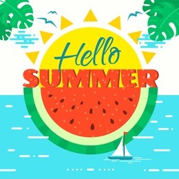 hello summer concept vector illustration with sun, watermelon, ocean, ship, seagulls, palm leaves, clouds in flat style. template for poster, banner, card, flyer etc.