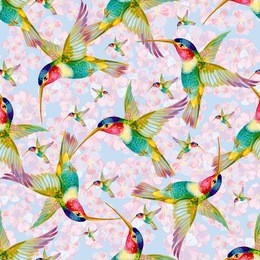 flying hummingbird and light flowers. seamless background pattern