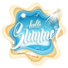 paper art carving style design with hand drawn phrase hello summer and summer recreation elements. vector illustration.