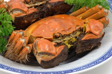 closeup of steamed shanghai crabs on plate