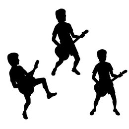 vector silhouettes of teenagers playing the guitar, black color, isolated on white background