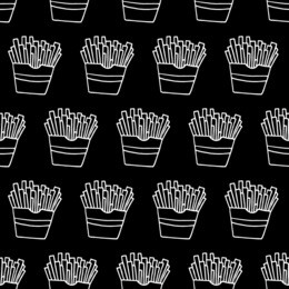 cartoon fast food pattern with hand drawn french fries. cute doodle black and white fast food pattern. seamless monochrome fast food pattern for fabric, wallpapers, wrapping paper and web backgrounds.