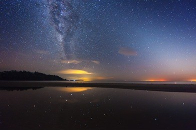 long exposure night photograph with milky way. image contain soft focus, grains and noise due to long exposure, high iso and wide aperture to get enough light.