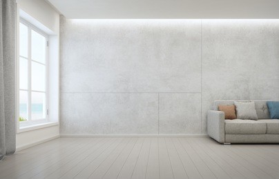 sea view living room with wooden floor and concrete wall background in modern beach house, white interior of vacation home - 3d rendering