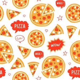vector hand drawn pizza and speech bubbles with words: nice, wow, pizza. seamless pattern on white background.