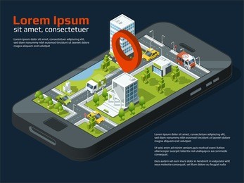 vector 3d city concept picture. different business buildings, roads, garden and other urban elements. location street gps on phone, city map with pin on smart phone gps illustration