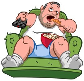 couch potato slob overweight man sitting on the sofa, eating pizza slice and popcorn while watching tv 