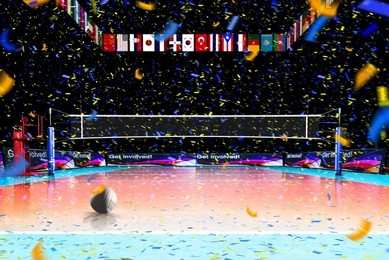 hi resolution 3d rendering of volleyball court isolated on black background