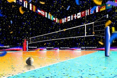 hi resolution 3d rendering of volleyball court isolated on black background