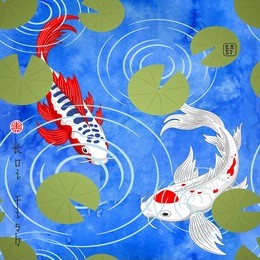 seamless vector background. couple of koi fish. watercolor blue backdrop with circles and leaves of water lilies. inscription koi fish and east.