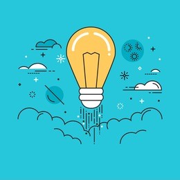 line flat design vector illustration of light bulb in space, concept for creativity, imagination, innovation isolated on bright background
