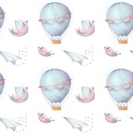 watercolor seamless pattern with air balloon and clouds. hand drawn vintage collage illustration with hot air balloon, birds and paper airplan?. watercolor wallpaper