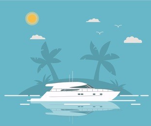 luxury travel seaway ocean transport  yacht against the background of the tropical island with palm trees in flat style a vector.voyage and elements of design for the tourist websites and firms.