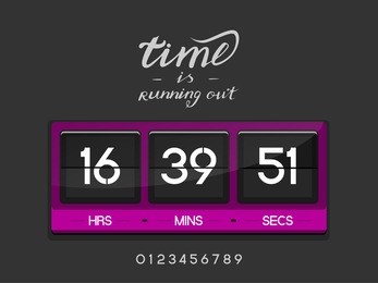 countdown timer for the website. square section. hours, minutes, seconds. dark gray background. stock inscription time is running out, lettering
