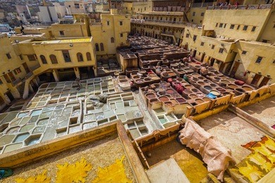 traditional processing leather tannery in fes, morocco