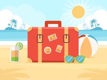 summer vacation concept. travel bag, cocktail, sunglasses and beach ball on a beach. flat design style.  