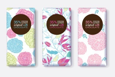 vector set of chocolate bar package designs with pink blue pastel floral patterns. circle frame. editable packaging template collection.