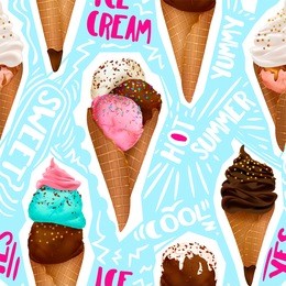 ice cream collection: chocolate, vanilla, cream, scoops, waffle cone, different colors, forms. summer seamless pattern, vector illustration, editable elements,3d tasty set, delicious icecream background.