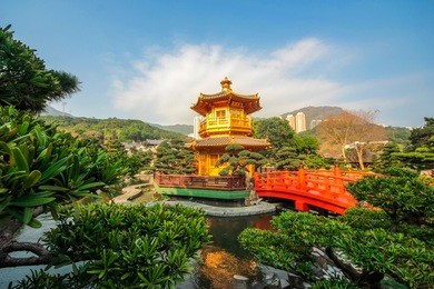 famous golden pagoda at chi lin nunnery or chinese temple in hong kong