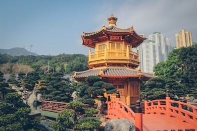 famous golden pagoda at chi lin nunnery or chinese temple in hong kong