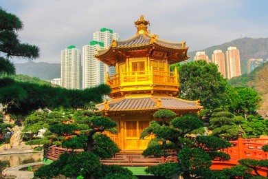 famous golden pagoda at chi lin nunnery or chinese temple in hong kong