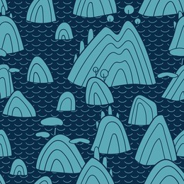 landscape pattern. vector seamless pattern with hills, trees, fields and peaks. background illustration with sea landscape.