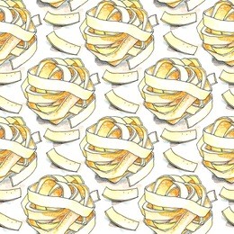 watercolor illustration of seamless pattern with pasta tagliatelle.