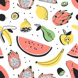 hand drawn set of tropical fruits. vector artistic seamless pattern with food. summer illustration watermelon, banana, papaya, pitaya, pear, apple, lemon, passion fruit and kiwi