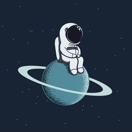 cute baby-astronaut sits on neptune.spaceman adventure.cartoon childish vector illustration.retro style