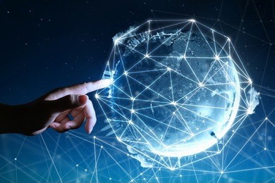 man touching abstract global with wireless communication network on space background , abstract image visual, internet of things