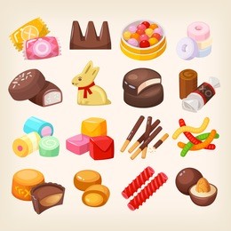 set of top popular sweet desserts for halloween, easter, christmas. chocolate bars, candies and other sweet food. isolated vector illustrations