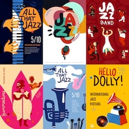 colorful jazz festival musicians singers and musical instruments poster set flat isolated vector illustration