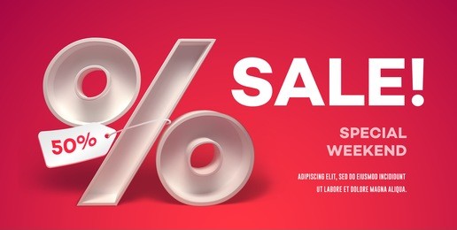 design template with 3d percentage symbol with tag on it and place for text. vector illustration