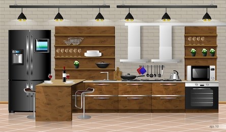 modern interior of wooden kitchen. vector illustration. household kitchen appliances cabinets, shelves,gas stove, cooker hood, refrigerator, microwave, cookware