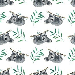 wild watercolor hand painting pattern with animals. repeating background. koala.
