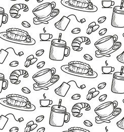 coffee cup with croissant and pie seamless background