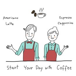 cute male barista and smiling female barista with aprons raising hands in a gesture of coffee menu in their cafe. vector illustration with hand-drawn style.